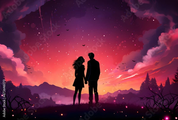 Obraz Romantic Couple Silhouette Standing in Front of Trees at Sunset with Pink Starry Night Sky, Valentine's Day Illustration Background