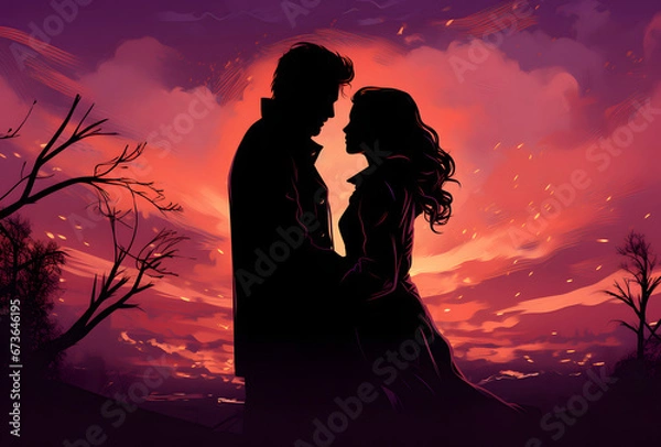 Obraz Romantic Couple Silhouette Standing in Front of Trees at Sunset with Pink Starry Night Sky, Valentine's Day Illustration Background