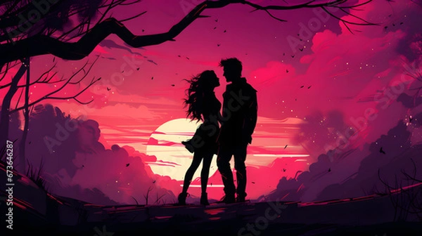 Obraz Romantic Couple Silhouette Standing in Front of Trees at Sunset with Pink Starry Night Sky, Valentine's Day Illustration Background