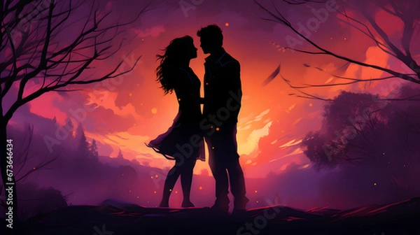 Obraz Romantic Couple Silhouette Standing in Front of Trees at Sunset with Pink Starry Night Sky, Valentine's Day Illustration Background