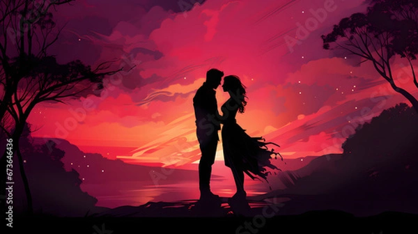 Obraz Romantic Couple Silhouette Standing in Front of Trees at Sunset with Pink Starry Night Sky, Valentine's Day Illustration Background