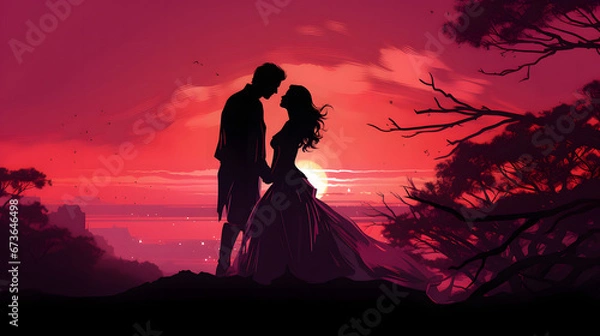 Obraz Romantic Couple Silhouette Standing in Front of Trees at Sunset with Pink Starry Night Sky, Valentine's Day Illustration Background