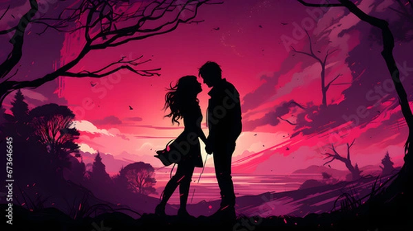 Obraz Romantic Couple Silhouette Standing in Front of Trees at Sunset with Pink Starry Night Sky, Valentine's Day Illustration Background