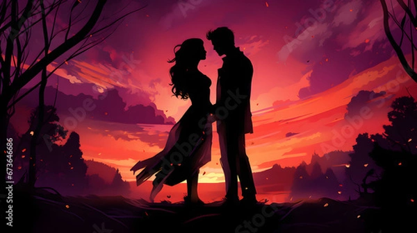 Obraz Romantic Couple Silhouette Standing in Front of Trees at Sunset with Pink Starry Night Sky, Valentine's Day Illustration Background