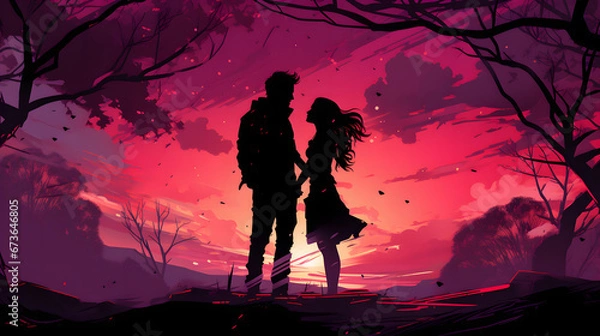 Obraz Romantic Couple Silhouette Standing in Front of Trees at Sunset with Pink Starry Night Sky, Valentine's Day Illustration Background