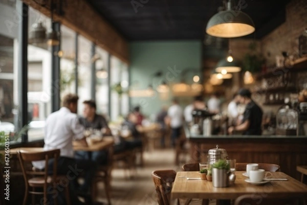 Fototapeta Blur coffee shop or cafe restaurant, Blurred restaurant background with some people and chefs and waiters working. Generative Ai.
