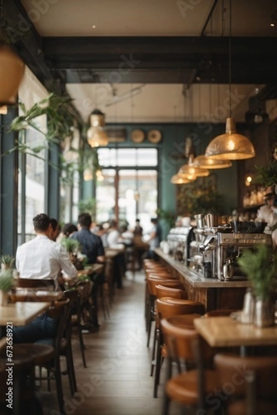 Fototapeta Blur coffee shop or cafe restaurant, Blurred restaurant background with some people and chefs and waiters working. Generative Ai.