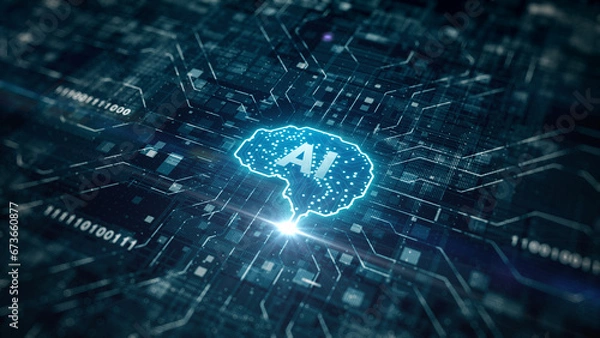 Fototapeta Futuristic Cyber Technology Innovation, Artificial intelligence concept, Brain over the circuit board, Deep learning modern computer technology, Technology digital abstract background. 3d Rendering