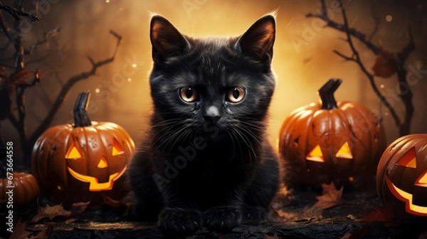 Fototapeta Black cat with pumpkins outdoors, Halloween vibes