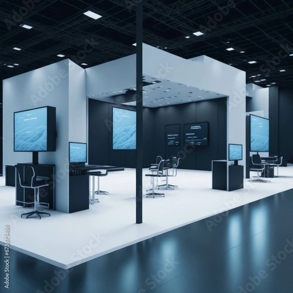 Fototapeta Modern IT Business Gaming Convention With Demonstration Booths And Monitors, Large Hall Interior, Generative AI