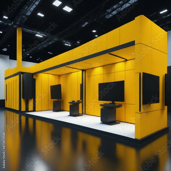 Fototapeta Modern IT Business Gaming Convention With Demonstration Booths And Monitors, Large Hall Interior, Generative AI