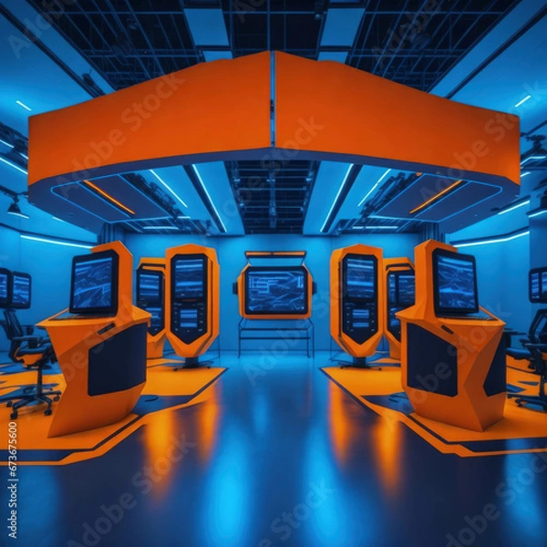 Fototapeta Modern IT Business Gaming Convention With Demonstration Booths And Monitors, Large Hall Interior, Generative AI