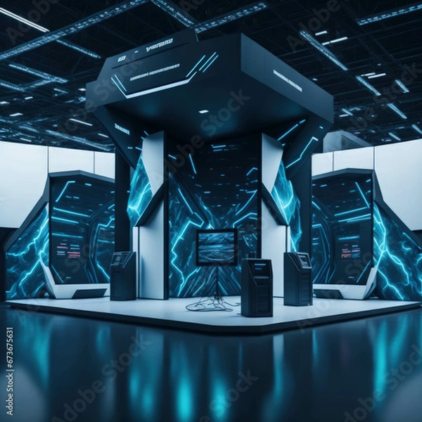 Fototapeta Modern IT Business Gaming Convention With Demonstration Booths And Monitors, Large Hall Interior, Generative AI