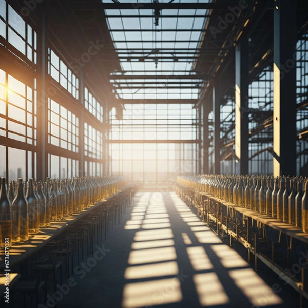 Fototapeta Modern Beer Or Wiskey Brewery Factory, Large Metal Hangar Interior, Windows With Sun Rays, Dust, Generative AI