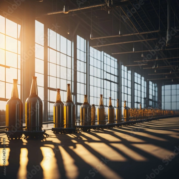 Fototapeta Modern Beer Or Wiskey Brewery Factory, Large Metal Hangar Interior, Windows With Sun Rays, Dust, Generative AI