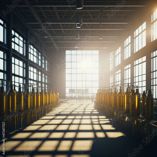Fototapeta Modern Beer Or Wiskey Brewery Factory, Large Metal Hangar Interior, Windows With Sun Rays, Dust, Generative AI