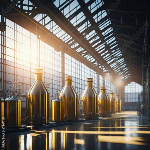 Fototapeta Modern Beer Or Wiskey Brewery Factory, Large Metal Hangar Interior, Windows With Sun Rays, Dust, Generative AI