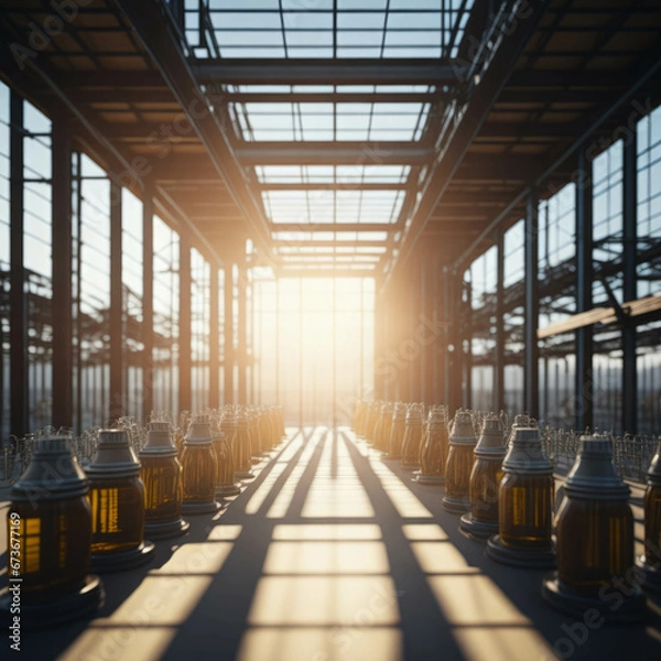 Fototapeta Modern Beer Or Wiskey Brewery Factory, Large Metal Hangar Interior, Windows With Sun Rays, Dust, Generative AI