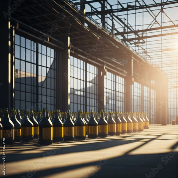 Fototapeta Modern Beer Or Wiskey Brewery Factory, Large Metal Hangar Interior, Windows With Sun Rays, Dust, Generative AI