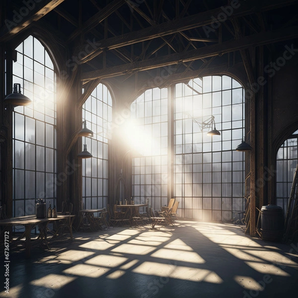 Fototapeta Old Beer Or Wiskey Brewery Factory, Large Metal Hangar Interior, Windows With Sun Rays, Dust, Generative AI