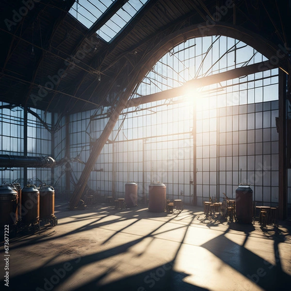 Fototapeta Old Beer Or Wiskey Brewery Factory, Large Metal Hangar Interior, Windows With Sun Rays, Dust, Generative AI