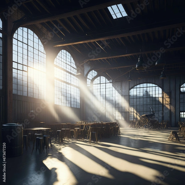 Fototapeta Old Beer Or Wiskey Brewery Factory, Large Metal Hangar Interior, Windows With Sun Rays, Dust, Generative AI