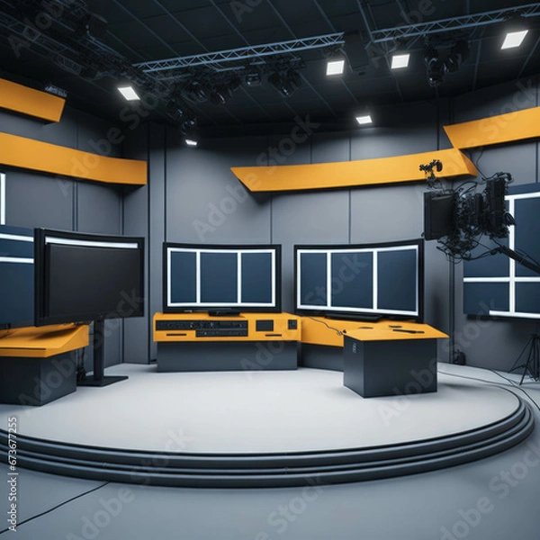 Fototapeta TV or Cable New Live Studio Set Interior, Empty  News Or Show Setup,  Round With Futuristic Elements and Spot Lights, Led Strips And Monitors, Generative Ai