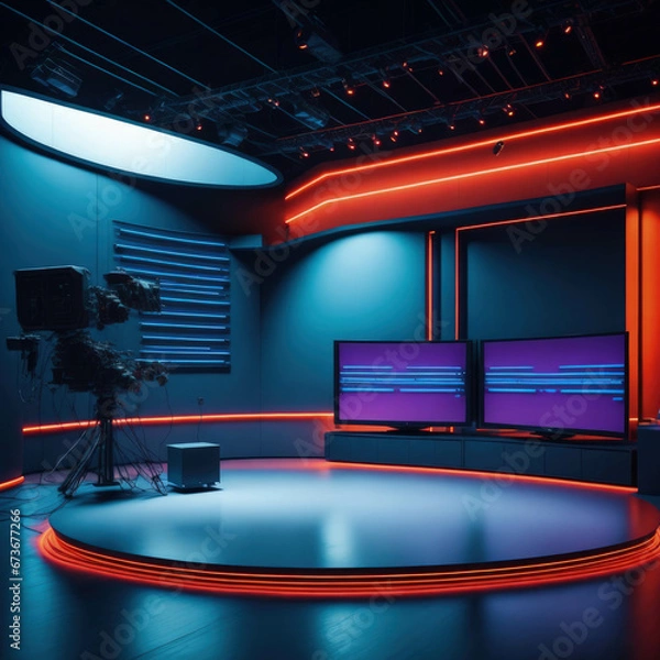 Fototapeta TV or Cable New Live Studio Set Interior, Empty  News Or Show Setup,  Round With Futuristic Elements and Spot Lights, Led Strips And Monitors, Generative Ai