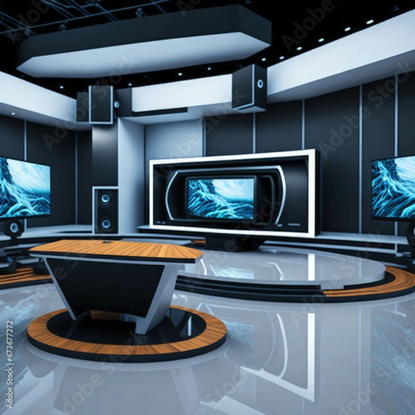 Fototapeta TV or Cable New Live Studio Set Interior, Empty  News Or Show Setup,  Round With Futuristic Elements and Spot Lights, Led Strips And Monitors, Generative Ai