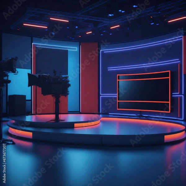 Fototapeta TV or Cable New Live Studio Set Interior, Empty  News Or Show Setup,  Round With Futuristic Elements and Spot Lights, Led Strips And Monitors, Generative Ai
