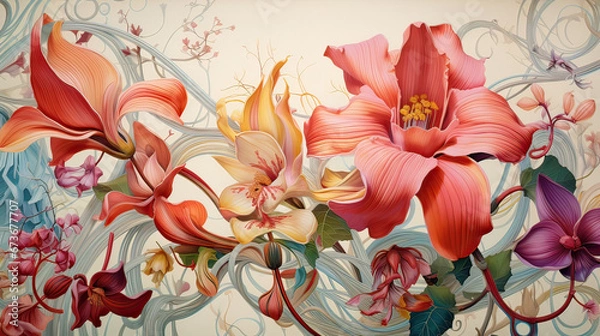 Fototapeta Vivid lines of botanical elements intertwining to manifest a lively, natural matrix Ai Generative