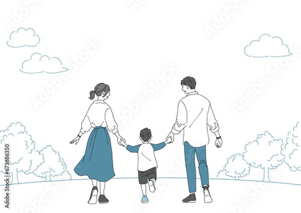 Fototapeta 自然の中で手を繋ぐ仲良しの家族