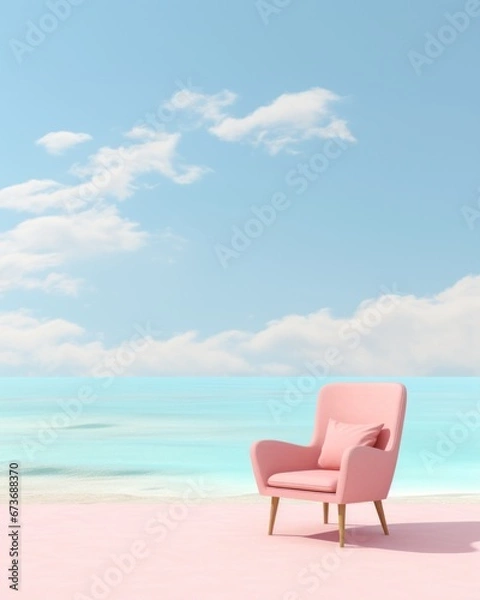 Fototapeta A serene pink chair perched on a sandy beach, basking in the endless sky above and the calming waves of the ocean below, surrounded by the natural elements of the earth