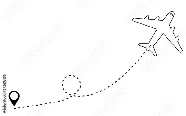Fototapeta Airplane route on white background. Travel from the start point along the dotted line. Aircraft tracking and location pins , SVG Vector illustration.