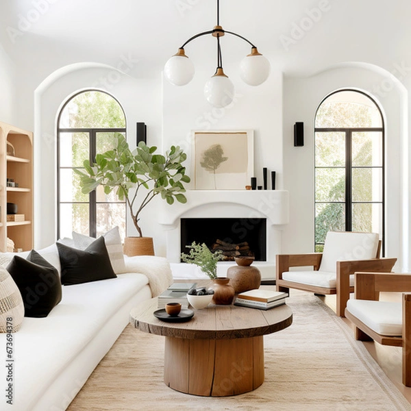 Fototapeta Rustic coffee table between sofa and chairs against fireplace and arched windows. Mediterranean modern cottage style home interior design of modern living room.