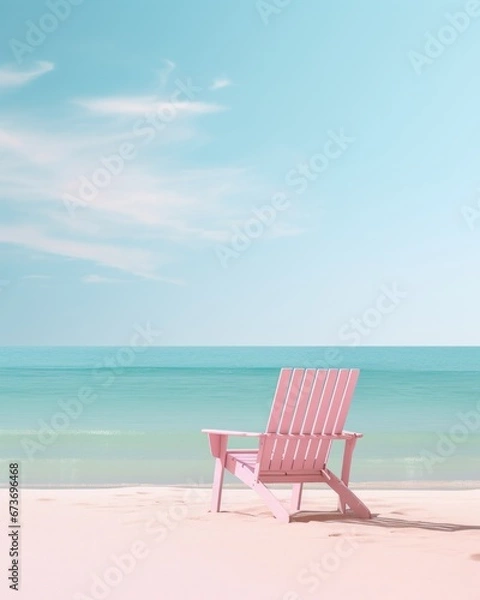 Fototapeta A lone pink chair perched on a sandy beach, basking in the warm summer sun as the vast ocean and clear blue sky stretch endlessly before it