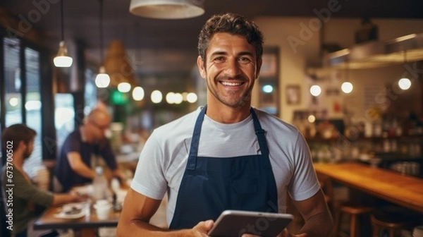 Fototapeta Restaurant entrepreneur with tablet, leaning on door and open to customers portrait. Owner, manager or employee of a startup fast food store, cafe or coffee shop business standing happy with a smile