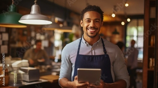 Fototapeta Restaurant entrepreneur with tablet, leaning on door and open to customers portrait. Owner, manager or employee of a startup fast food store, cafe or coffee shop business standing happy with a smile