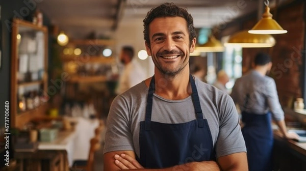 Fototapeta Restaurant entrepreneur with tablet, leaning on door and open to customers portrait. Owner, manager or employee of a startup fast food store, cafe or coffee shop business standing happy with a smile