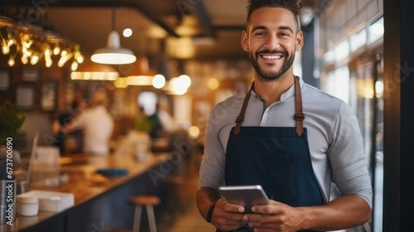 Fototapeta Restaurant entrepreneur with tablet, leaning on door and open to customers portrait. Owner, manager or employee of a startup fast food store, cafe or coffee shop business standing happy with a smile