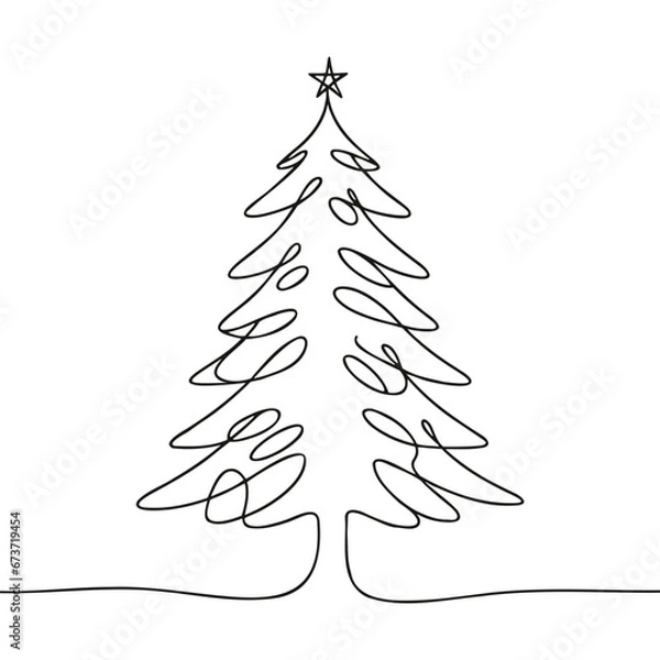 Fototapeta christmas tree drawn with one line isolated. Vector illustration