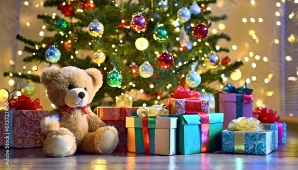 Obraz Ambiances de Noël. Ours en peluche au pied d'un sapin de noël illuminé et entouré de cadeaux