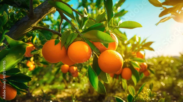Fototapeta Ripe orange oranges on a tree on a farm in rural area