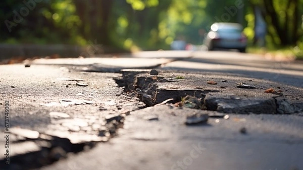 Fototapeta Asphalt road with imperfections. Image generated by AI.