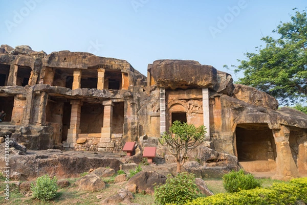 Obraz Rani Gumpha or cave of the queen"in udayagiri and khandagiri Caves bhubaneswar odisha India. Rani gumpha is a rock-cut two storied cave and it was built in the 2nd century BC by king kharavela.