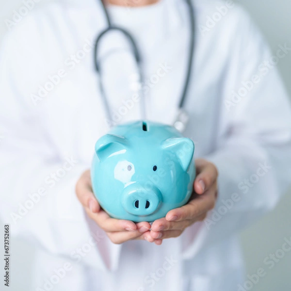 Fototapeta Doctor holding piggy bank and putting coin. and Healthcare cost, Money Saving, Health Insurance, Medical, Donation and Financial concepts