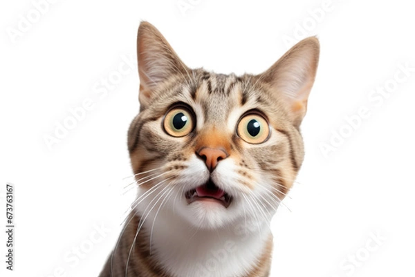 Fototapeta Young crazy surprised cat make big eyes isolated on transparent background