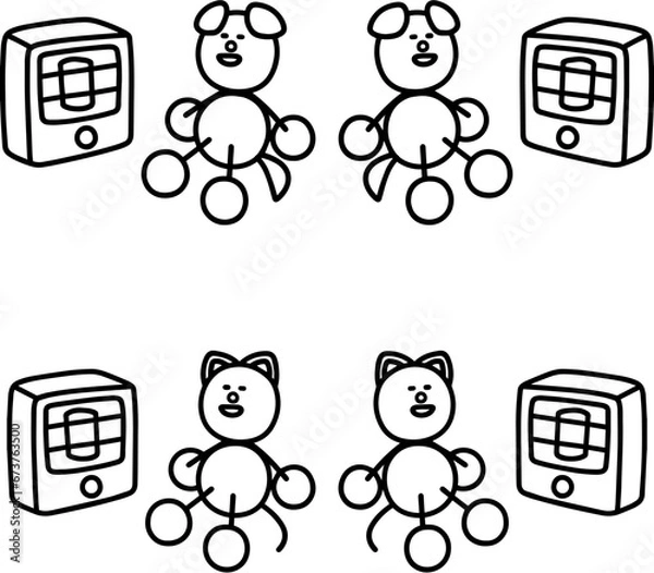 Obraz ストーブで暖まるわんまるとにゃんまるの線画セット　犬　猫
