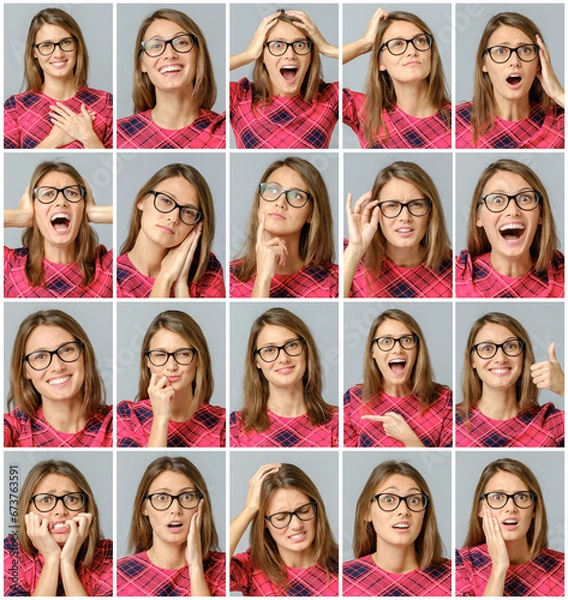 Fototapeta Set of beautiful girl with different facial expressions