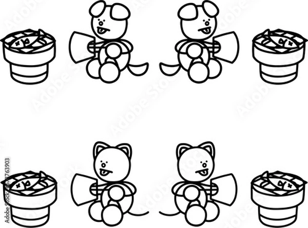 Obraz 七輪で魚を焼くわんまるとにゃんまるの線画セット　犬　猫
